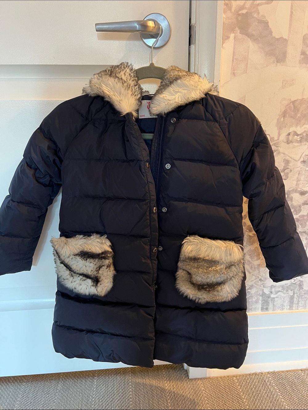 Il Gufo Navy Puffer Coat with Faux Fur Trim